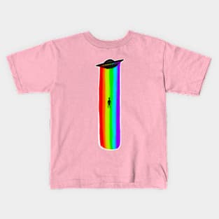 Alien Rainbow ufo abducting human Kids T-Shirt